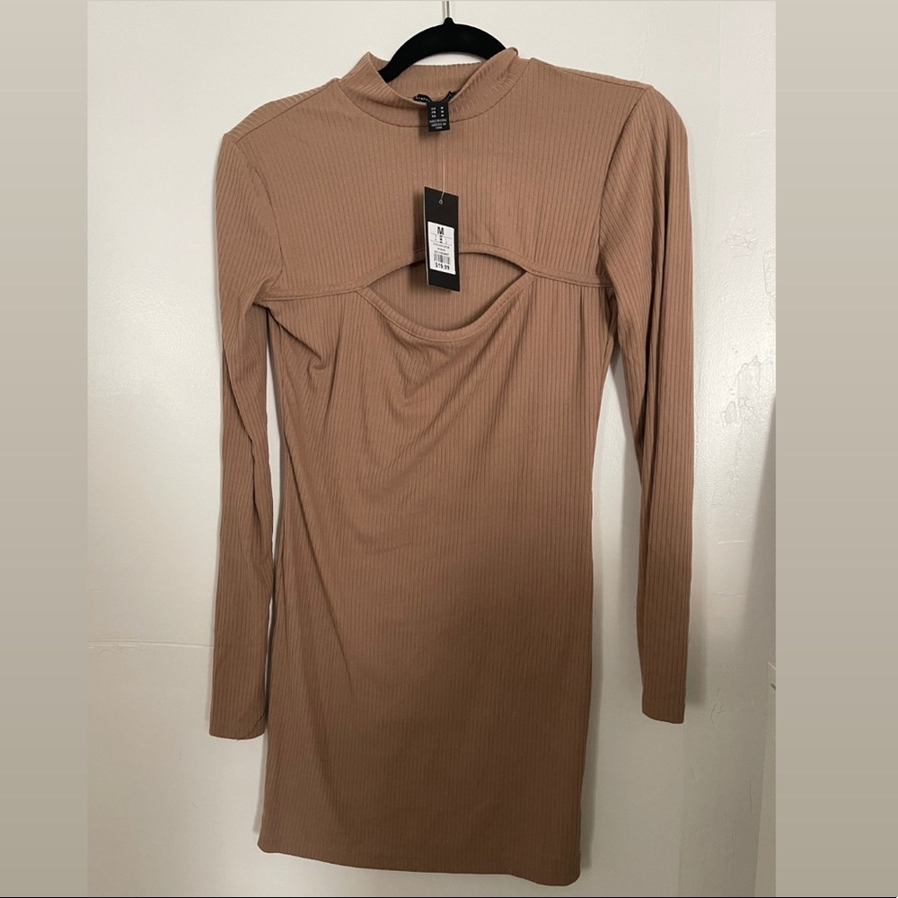 Brand New with Tags- Tan Ribbed Body Con Long Sleeve Key Hole Mini Dress